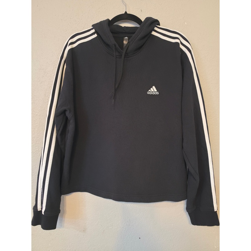 Adidas Essentials 3-Stripes Cropped Hoodie Black White XL Womens Fleece Pullover